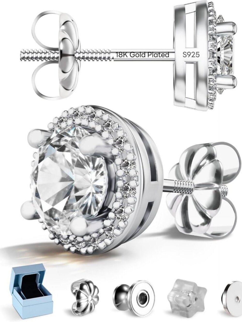 925 Sterling Silver Moissanite Halo Square Stud Earrings for Men - Screw Back